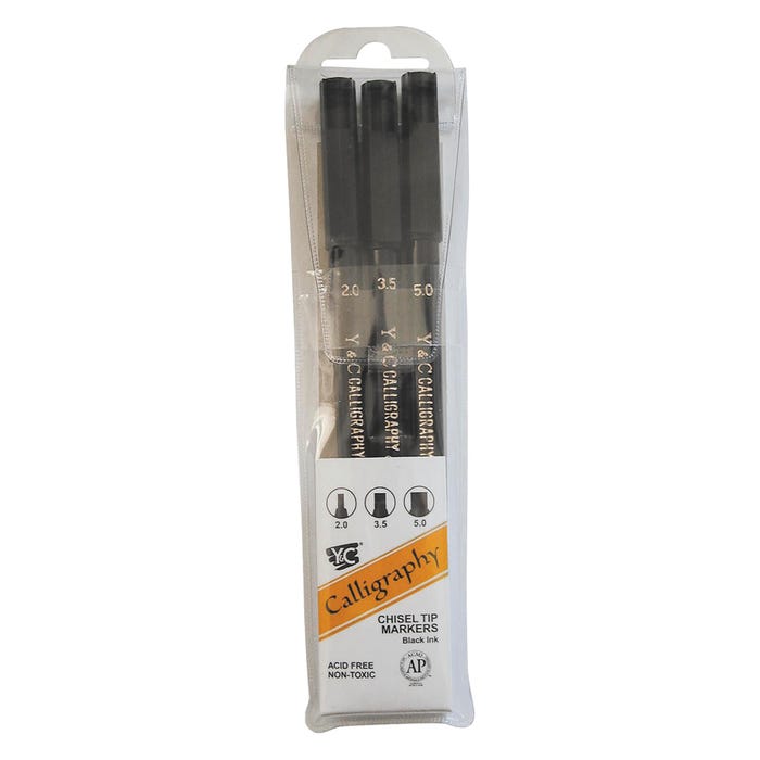 Yasutomo Y and C Water Based Calligraphy Markers, Chisel Tip, Assorted Sizes, Black, Pack of 3