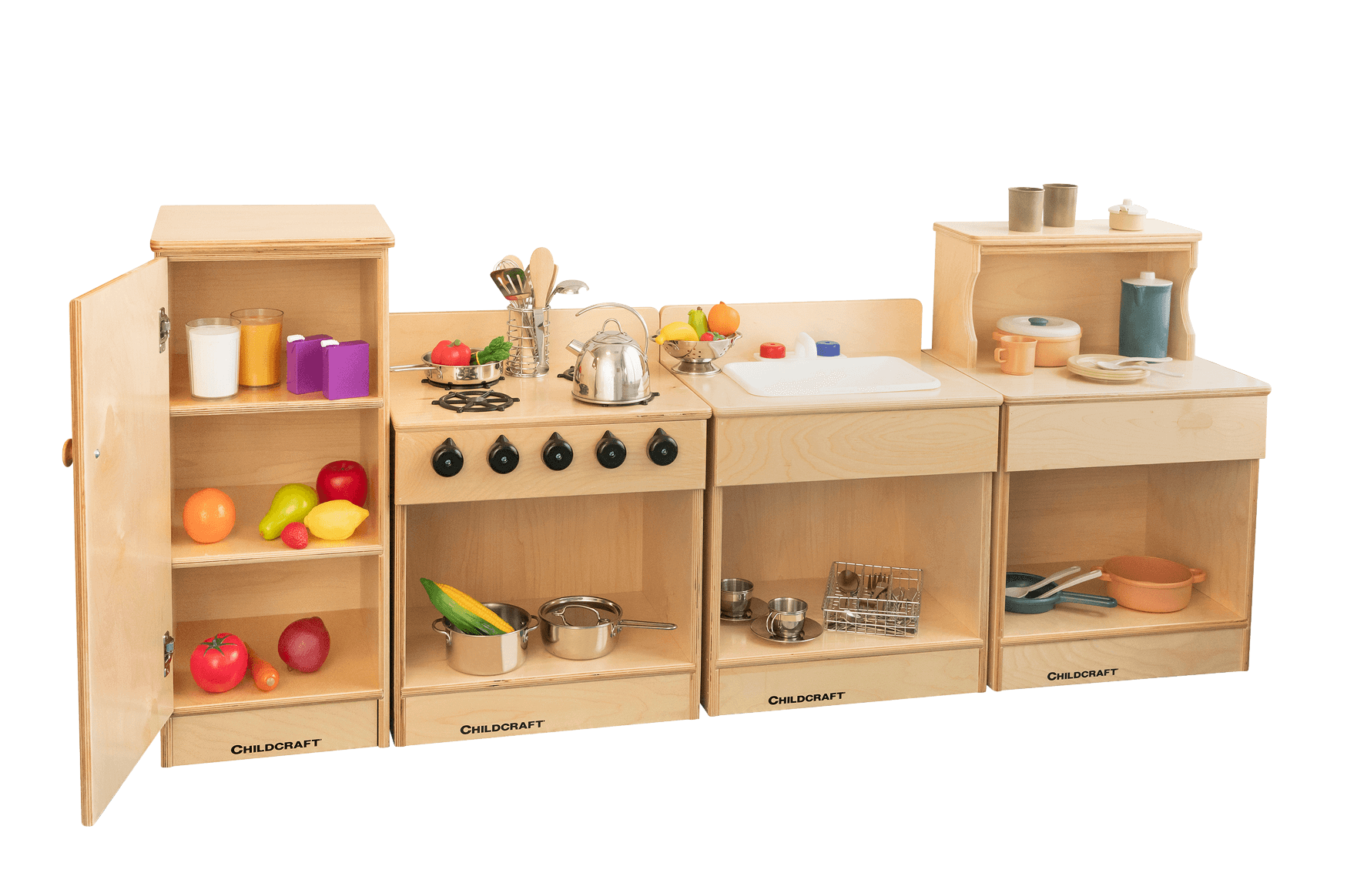 Wooden infant and toddler play kitchen and shelving units