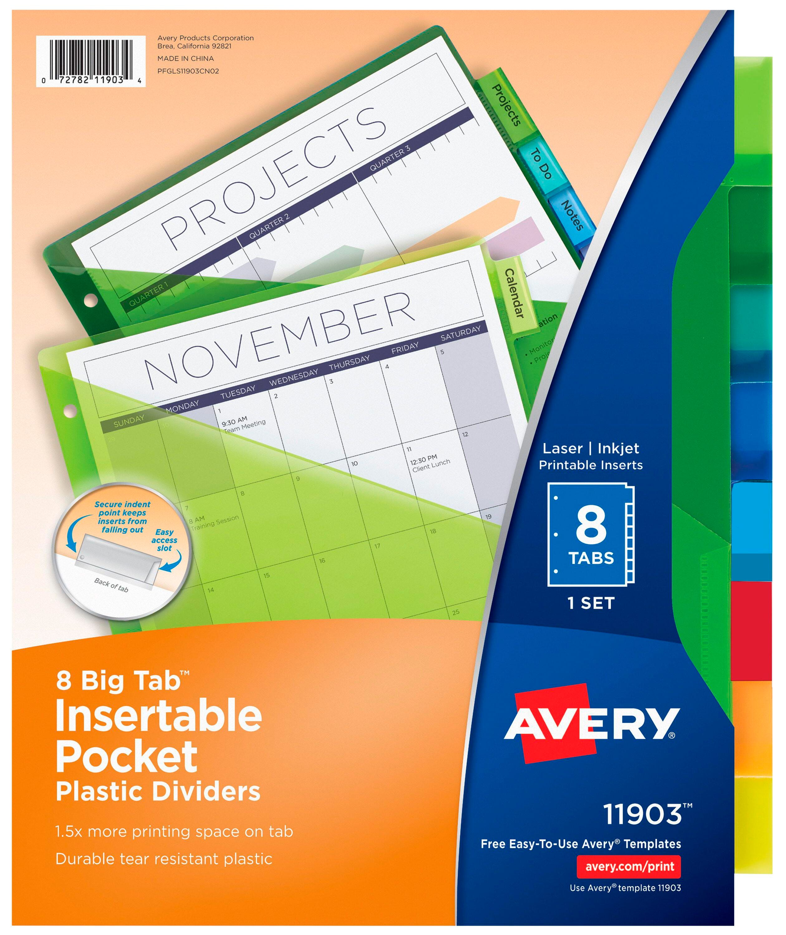 Avery Plastic Insertable Dividers with Pocket, 8 Tab, Multi-Color 1482904