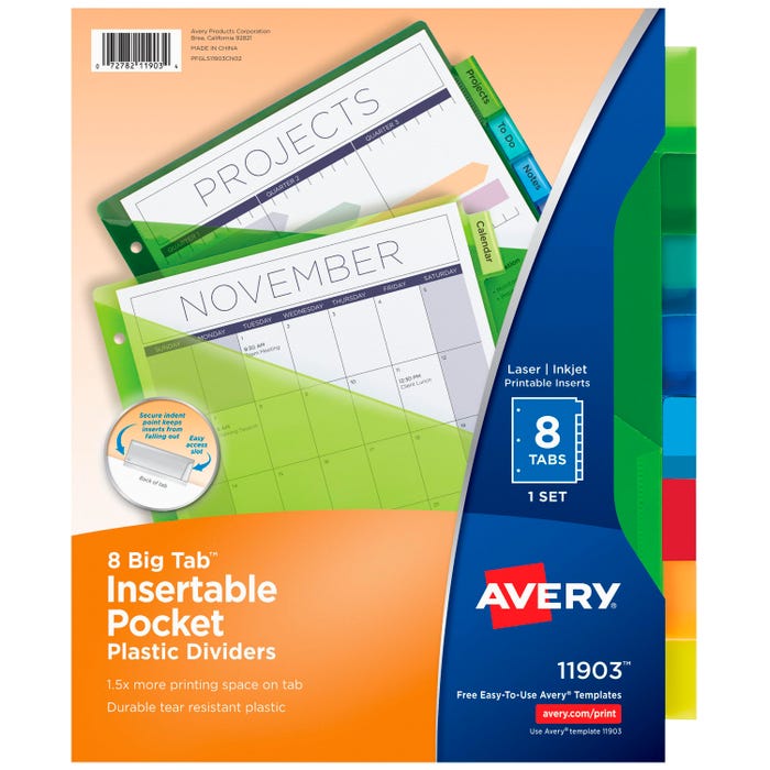 Avery Plastic Insertable Dividers with Pocket, 8 Tab, Multi-Color