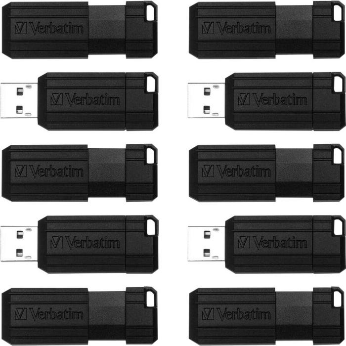 Verbatim PinStripe USB Flash Drive, 64 GB, Black, Pack of 10