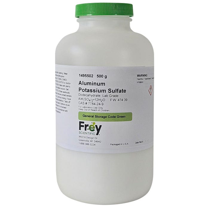 Frey Scientific Aluminum Potassium Sulfate Dodecahydrate, Lab Grade, 500 Grams