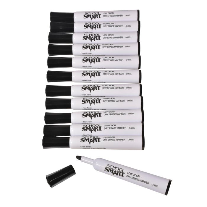 School Smart Dry Erase Markers, Chisel Tip, Low Odor, Black, Pack of 12