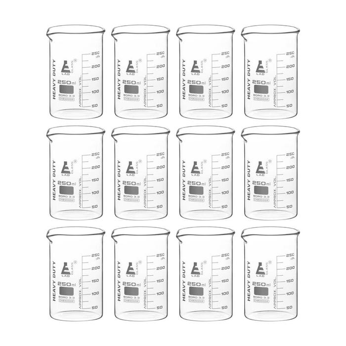 Eisco Labs Heavy Duty Beaker, Borosilicate Glass, 250mL, Pack of 12