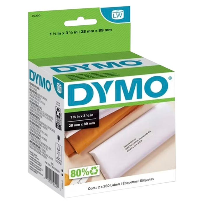 Dymo LabelWriter Address Labels, 1-1/8 x 3-1/2 Inches, White, 260 Labels/Roll, Box of 2