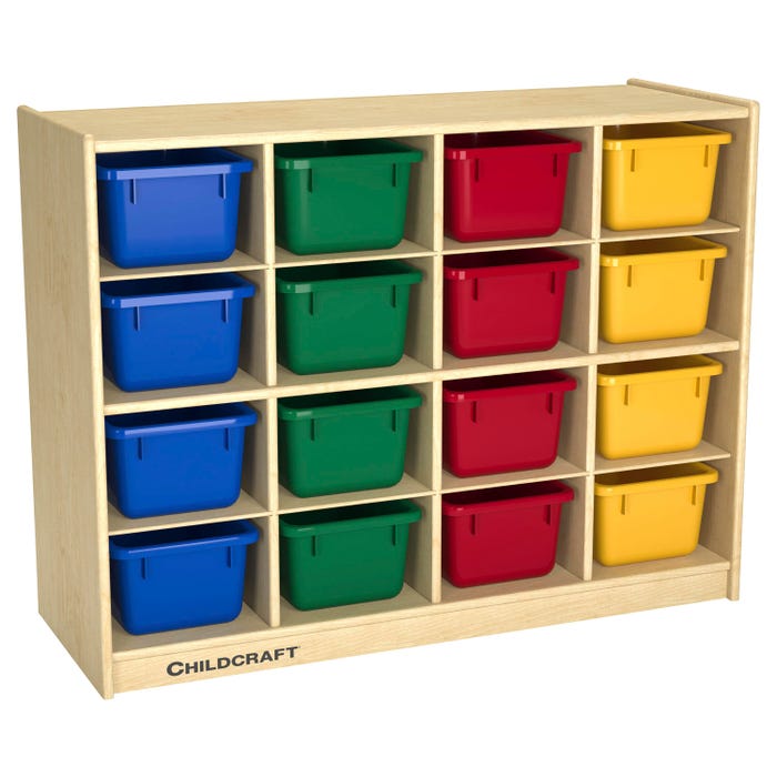 Childcraft Mobile Cubby Storage Unit, 16 Primary Color Bins, 38-3/8 x 14-1/4 x 30 Inches