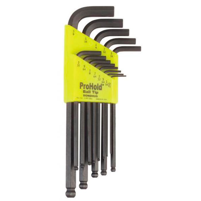 BONDHUS ProHold 13-Piece Ball End L-Wrench Hex Key Set - English, 0.05 - 3/8 in, Protanium Steel, Yellow, Set of 13