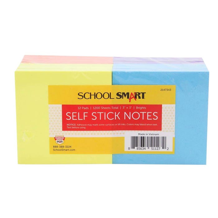 School Smart Removable Self-Stick Adhesive Notes, 3 x 3 Inches, Assorted Bright Colors, 100 Sheets/Pad, Pack of 12
