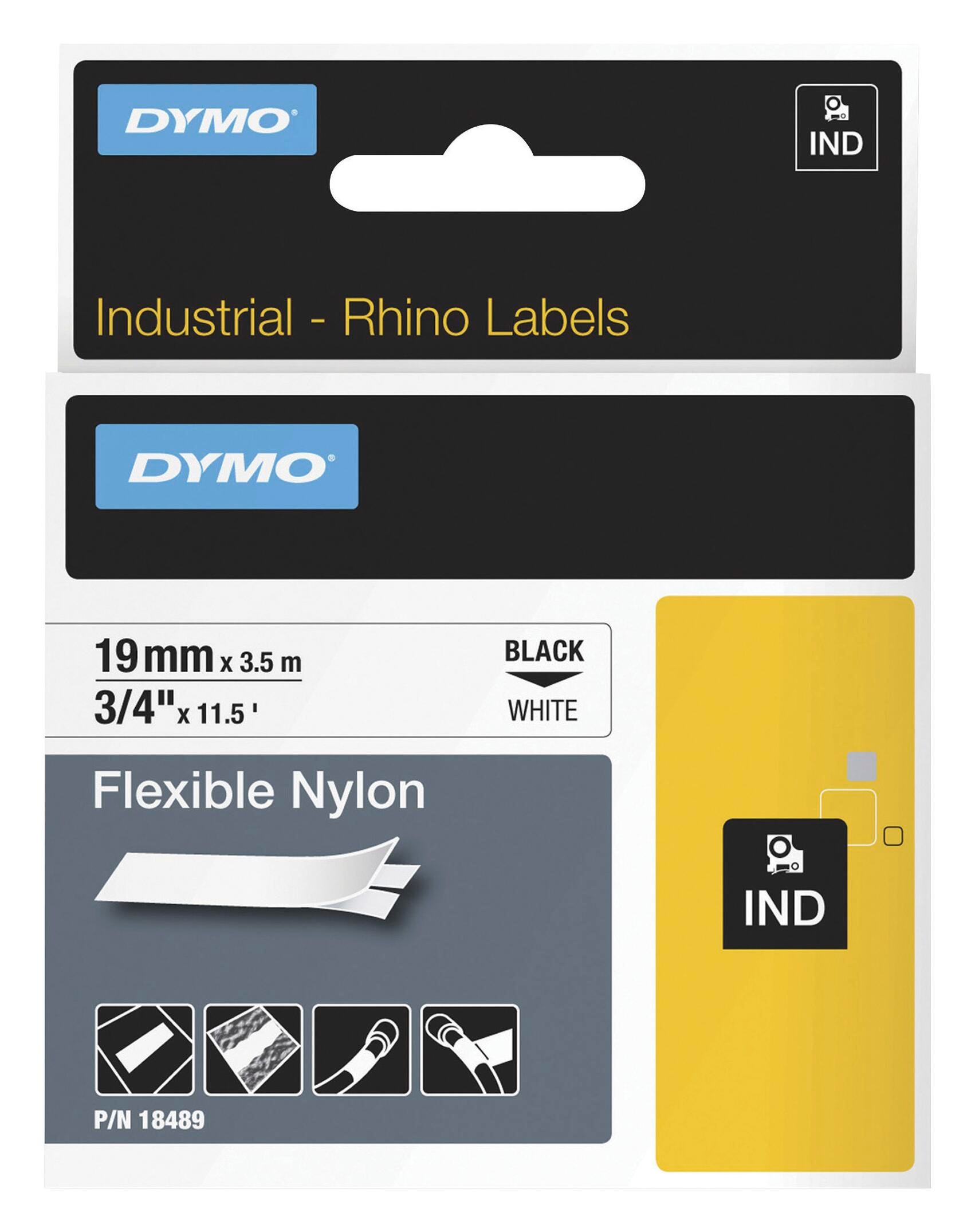 Dymo Rhino Nylon Flexible Label Tape, 3/4 Inch x 11-1/2 Feet, Black on White 1377319