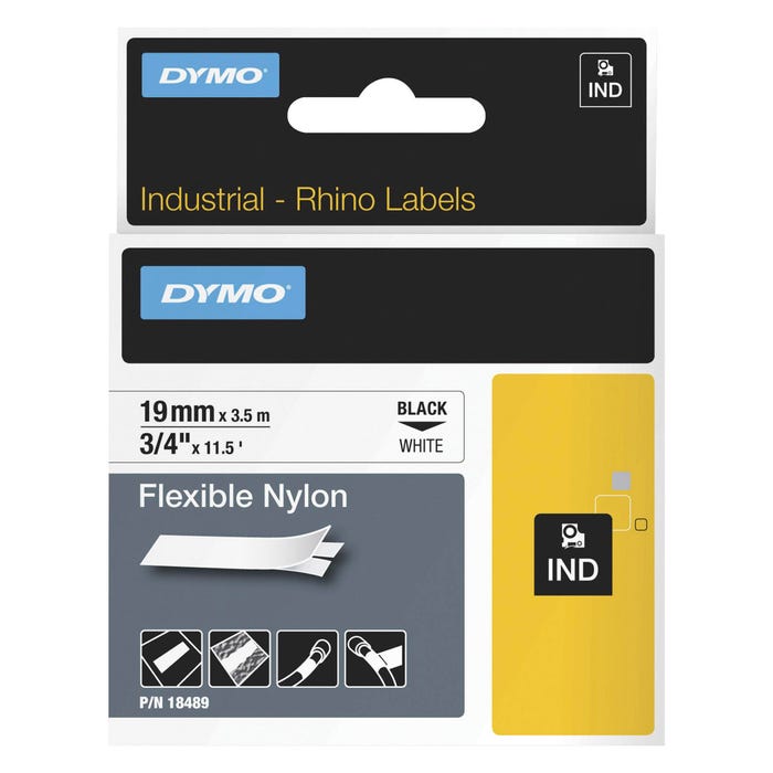Dymo Rhino Nylon Flexible Label Tape, 3/4 Inch x 11-1/2 Feet, Black on White