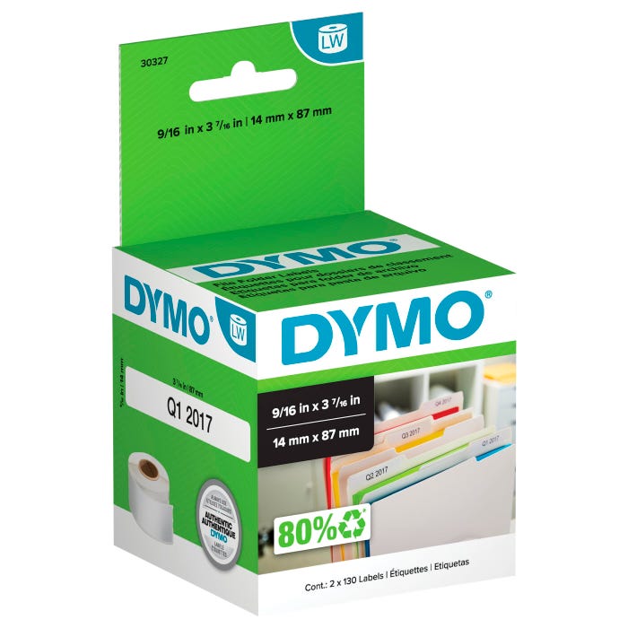 DYMO LabelWriter File Folder Labels, 9/16 x 3-7/16 Inches, White, 130 Labels/Roll, Pack of 2 Rolls
