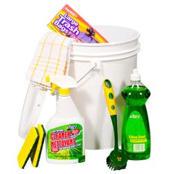 cleaning products in a bucket