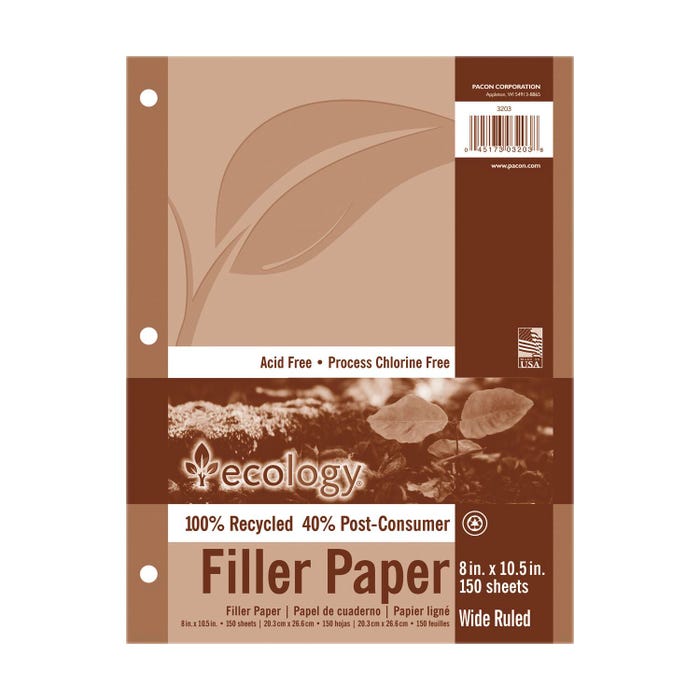 Ecology Recycled Filler Paper, 8 x 10-1/2 Inches, Wide Ruled, 150 Sheets