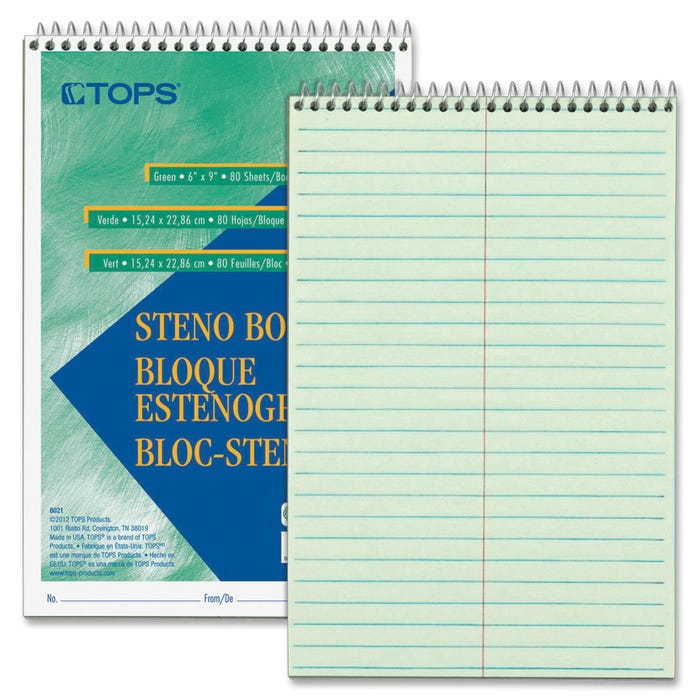 TOPS Wirebound Steno Notebook, 6 x 9 Inches, Gregg Ruled, Green Tint, 80 Sheets, Pack of 12