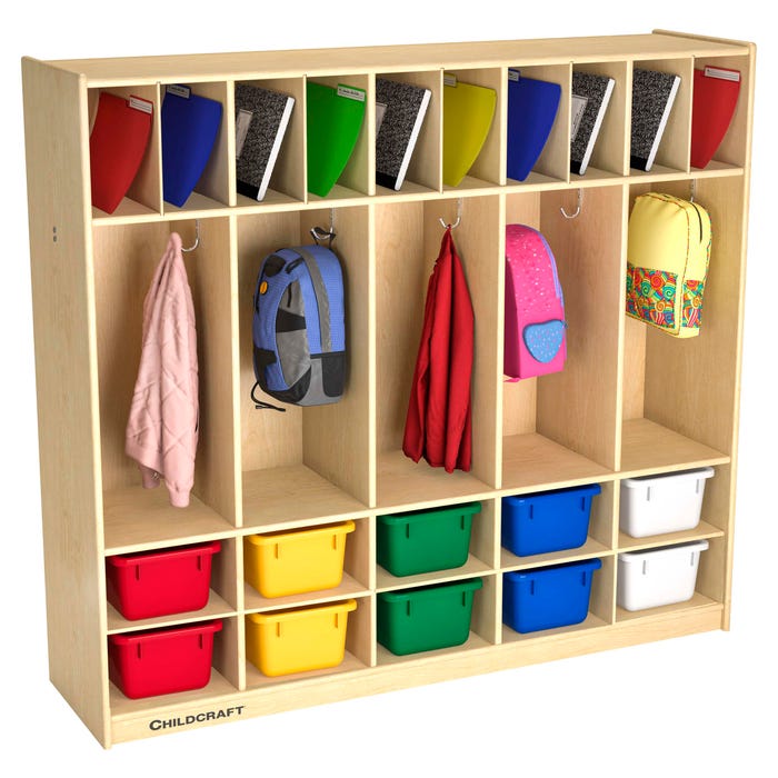Childcraft 5-Section Coat Locker, 10 Assorted Color Trays, 53-3/4 x 14-1/4 x 48 Inches
