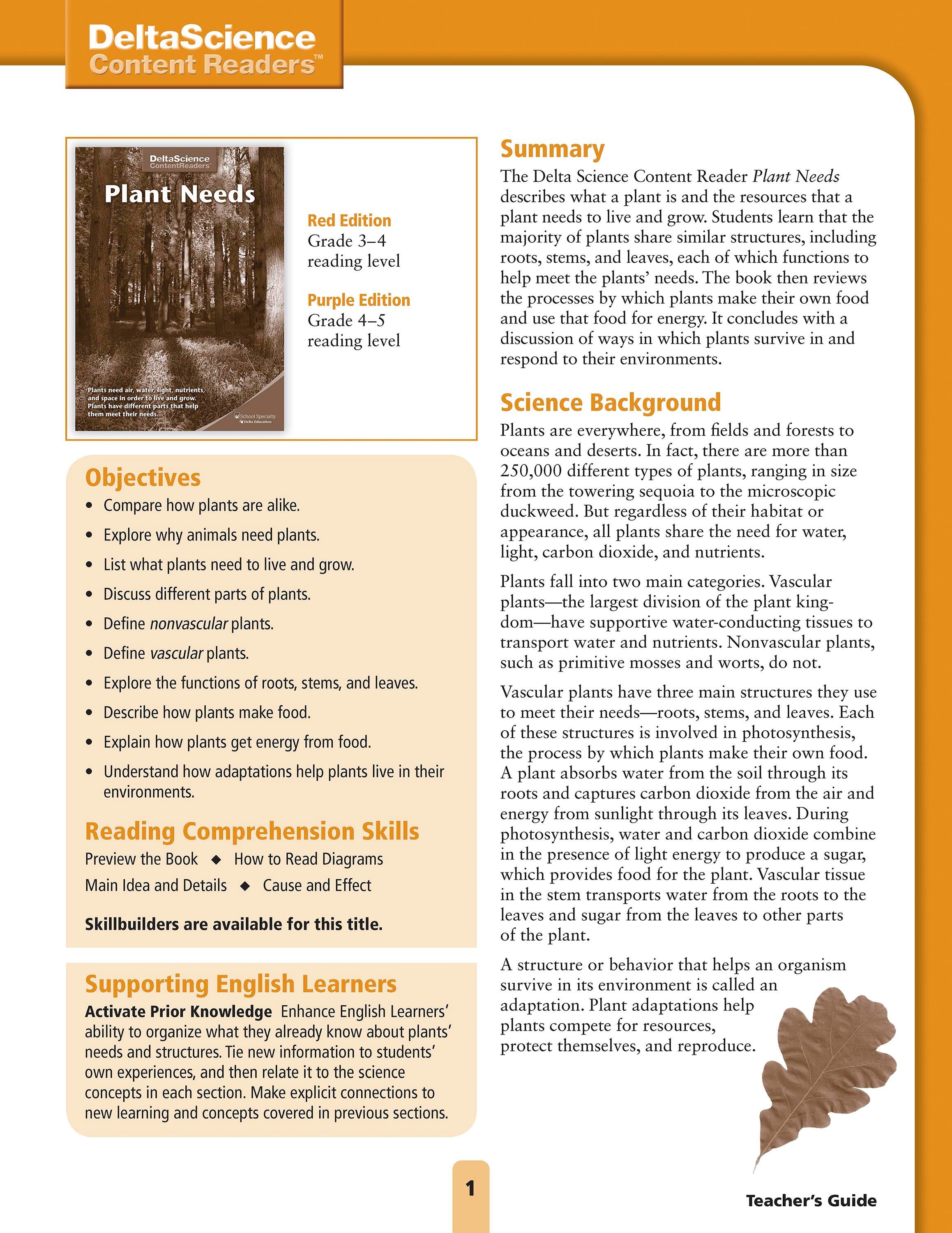 Delta Science Content Readers Plant Needs Red and Purple Teacher's Guide, Item Number 1278148