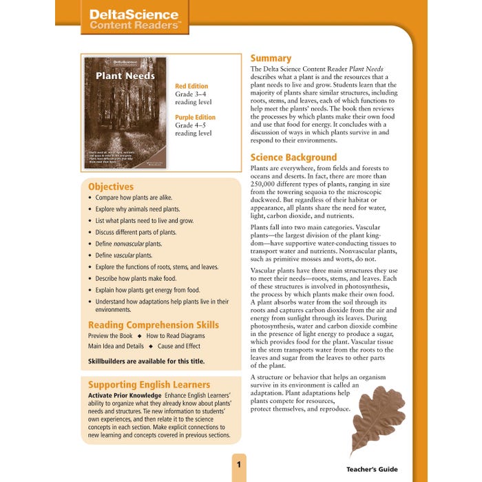 Delta Science Content Readers Plant Needs Red and Purple Teacher's Guide