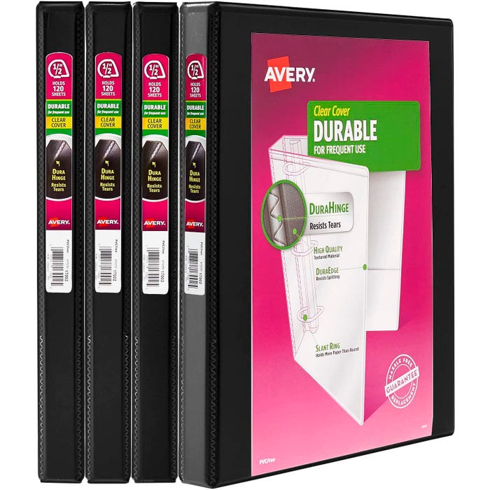 Avery Durable View Binders, 1/2 Inch, Slant Rings, Black, Pack of 4