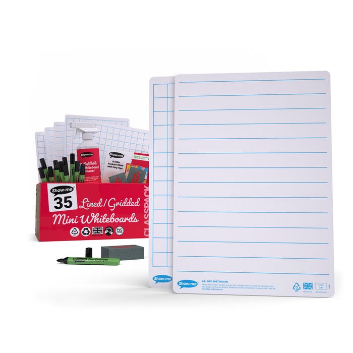 Show-me Double Sided Dry Erase Board Classpack, 8 x 12 Inches, Lined/Gridded, Set of 35