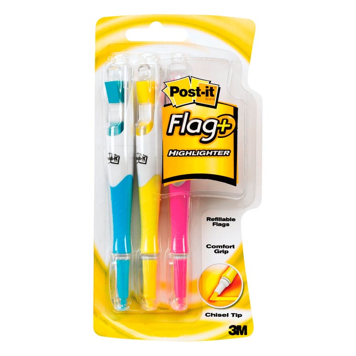 Post-it Flag+ Highlighters with 3/8 Inch Flags, Chisel Tip, Assorted Colors, Pack of 3