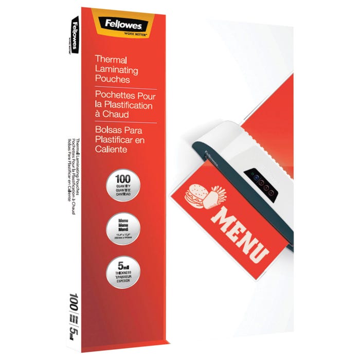 Fellowes Glossy Menu Size Thermal Laminating Pouch -- Laminating Pouch, Menu, 5mil, 11-1/2"Wx17-1/2"H, 100/PK, CL