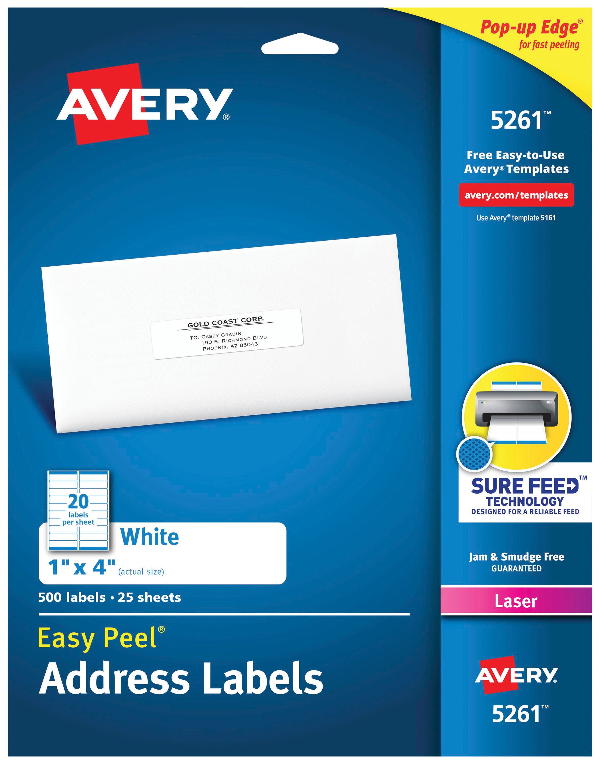 Avery Easy Peel Address Labels, Laser, 1 x 4 Inches, Pack of 500 075636