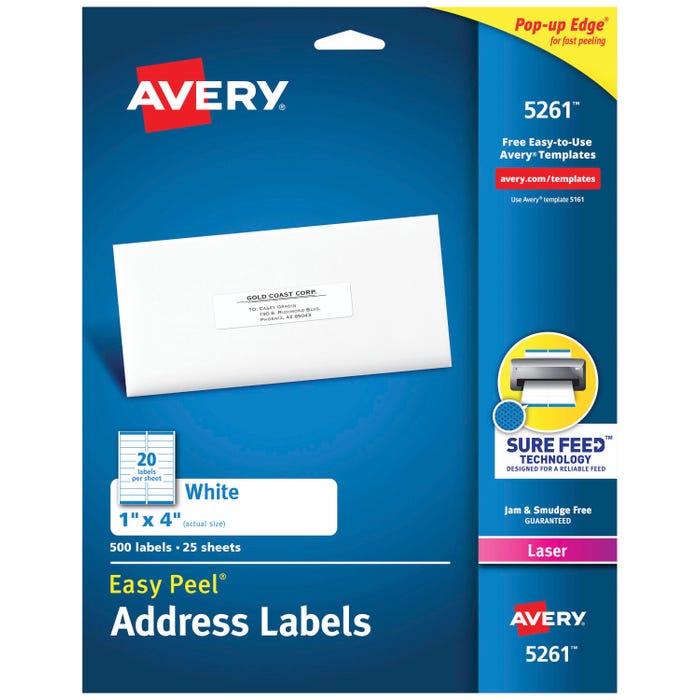 Avery Easy Peel Address Labels, Laser, 1 x 4 Inches, Pack of 500