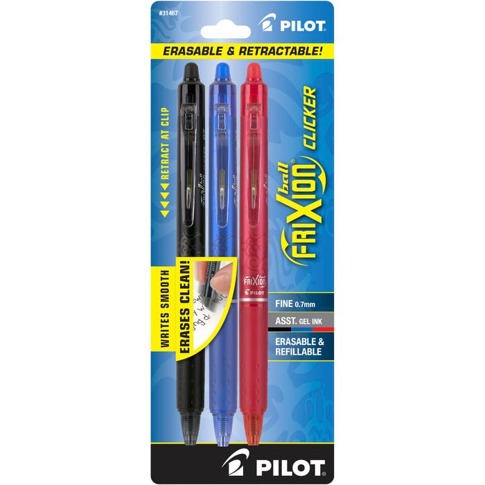 Pilot FriXion Clicker Erasable Gel Ink Pens, Fine Point, Assorted Ink Colors, Set of 3