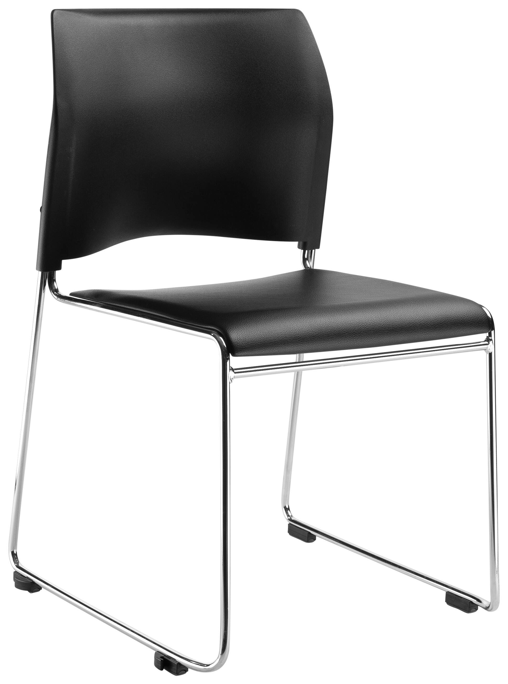 National Public Seating Cafetorium Stack Chair, Plush Vinyl Black Seat, Plastic Black Back, Chrome Frame 1510066