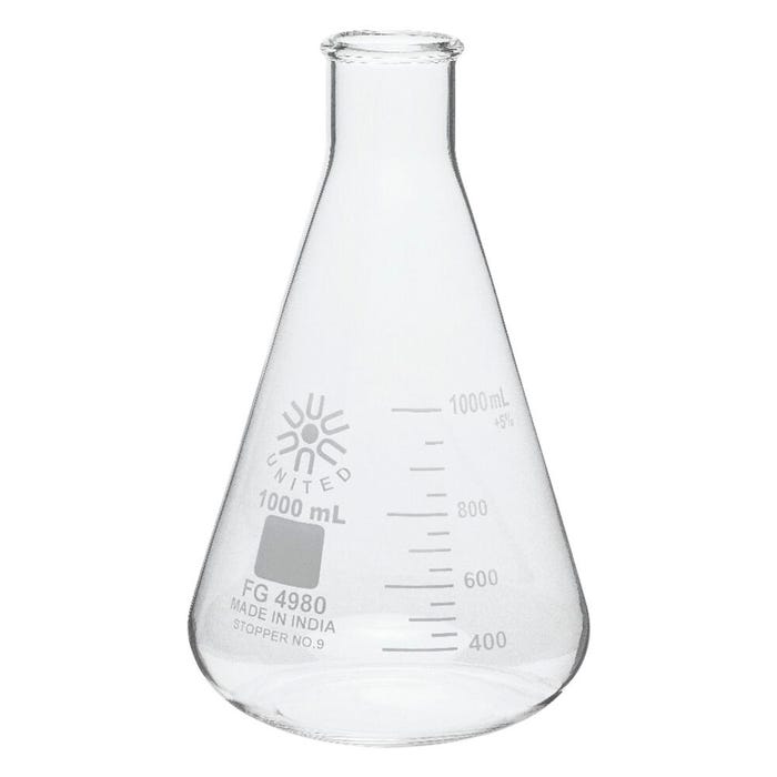 United Scientific Narrow Mouth Erlenmeyer Flasks, Borosilicate Glass, 1000 Milliliters, Pack of 6
