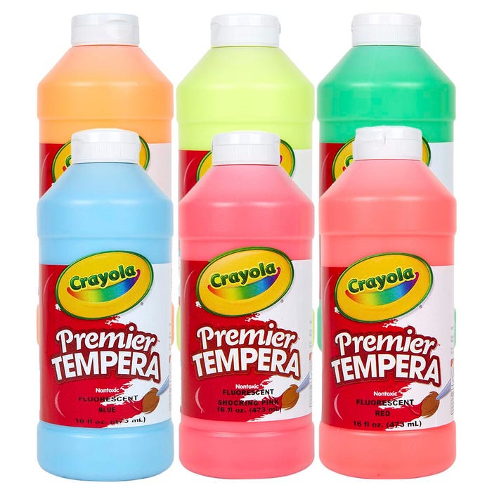 Crayola Premier Tempera Paints, 1 Pint Bottles, Assorted Fluorescent Colors, Set of 6