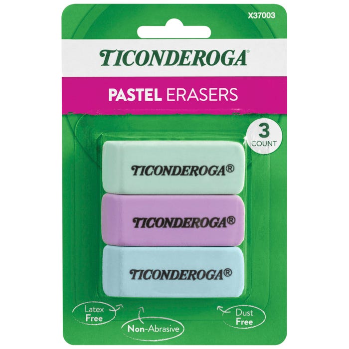 Ticonderoga Wedge Erasers, Assorted Pastel Colors, Pack of 3