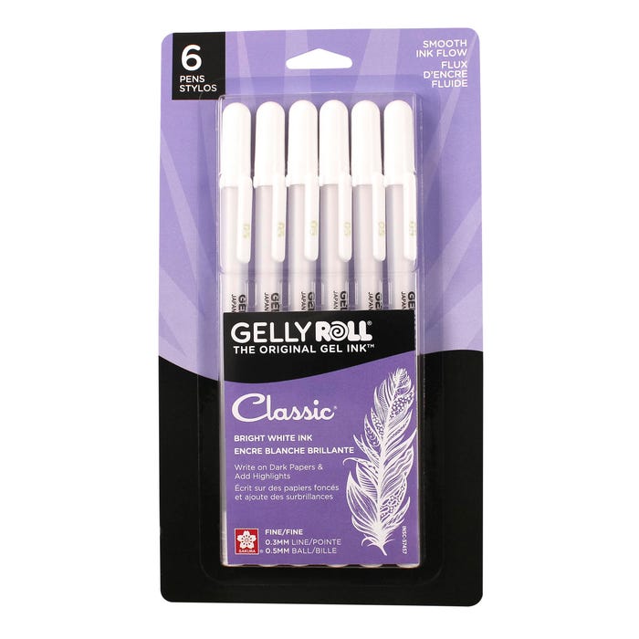 Sakura Gelly Roll Classic Gel Pens, 0.5 mm Fine Tip, White, Pack of 6