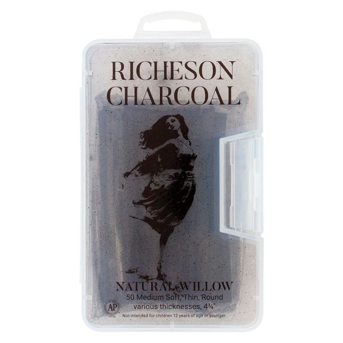 Richeson Natural Willow Charcoal, Medium-Soft Hardness, Black, Pack of 50