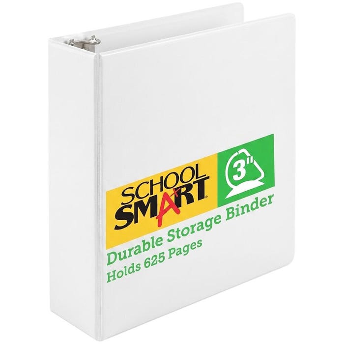 School Smart Durable Polypropylene D-Ring Binder, 3 Inches, White