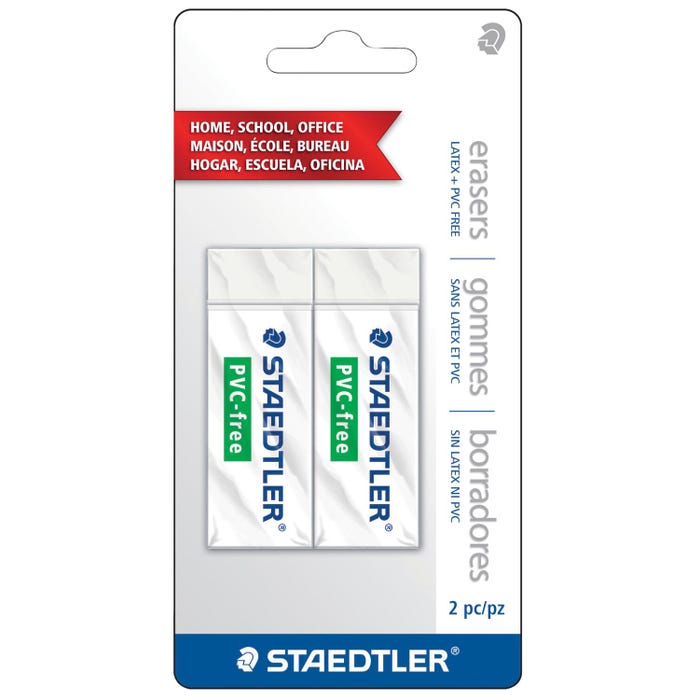 Staedtler PVC-Free Erasers, 2-1/2 x 1 x 1/2 Inches, White, Pack of 2