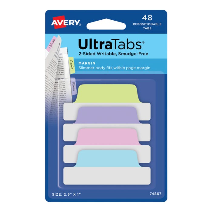 Avery Repositionable UltraTabs, 2-1/2 x 1 Inches, Assorted Pastel, Set of 48