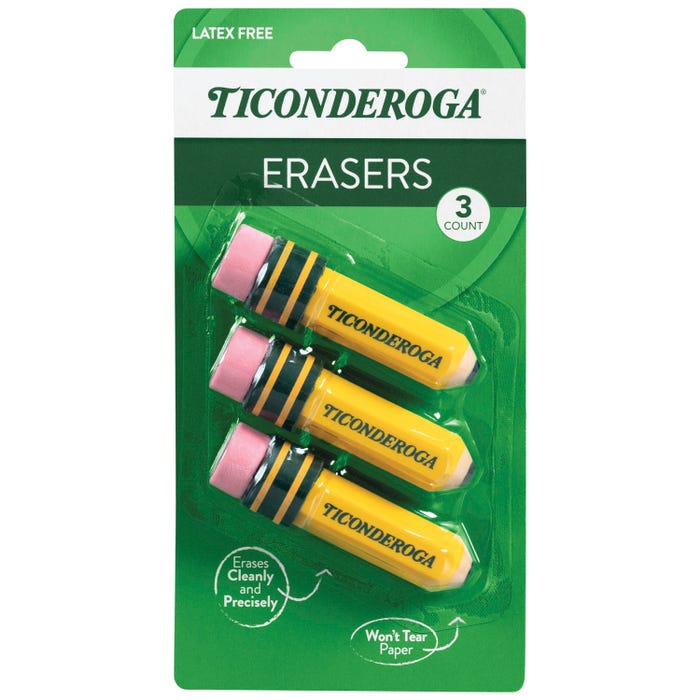 Ticonderoga Pencil-Shaped Erasers, Yellow, Pack of 3