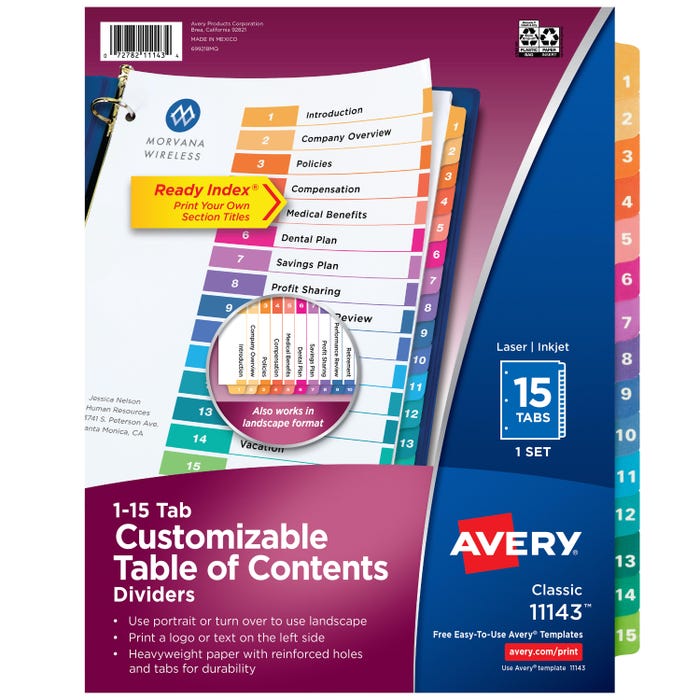 Avery Ready Index Dividers, 15 Tab, 1-15, Assorted Colors, 1 Set