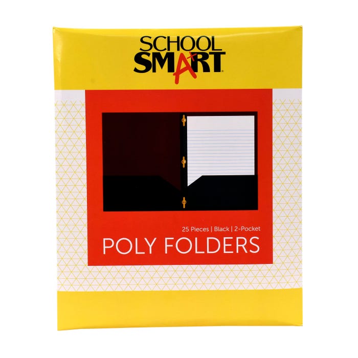 School Smart 2-Pocket Poly Folders with Fasteners, Black, Pack of 25
