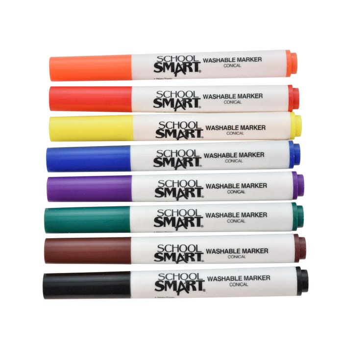 School Smart Washable Markers, Conical Tip, Assorted Colors, Pack of 64