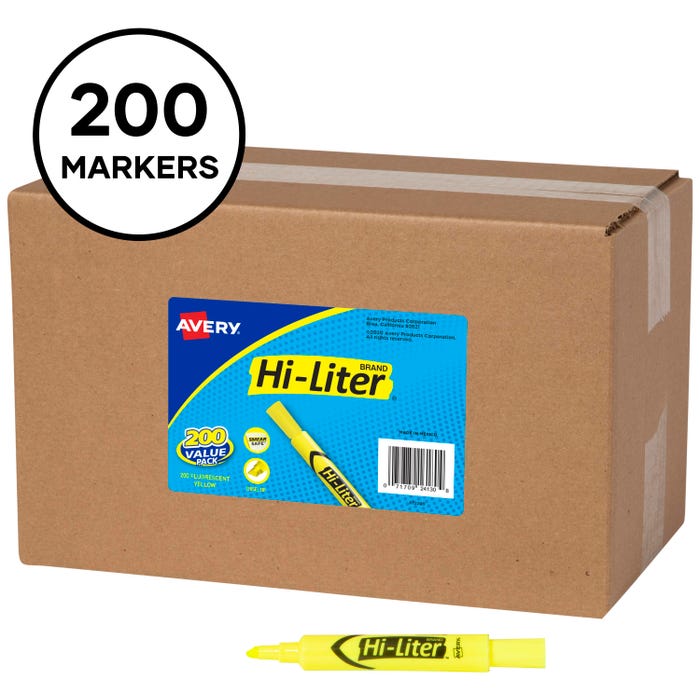 Avery Hi-Liter Highlighter Value Pack, Desk Style, Yellow, Pack of 200