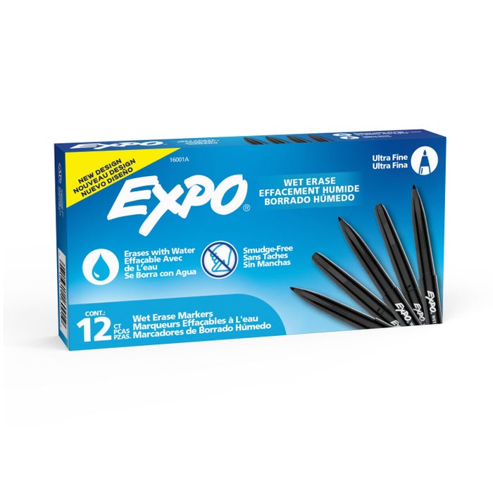 EXPO Wet Erase Markers, Ultra Fine Tip, Black, Pack of 12