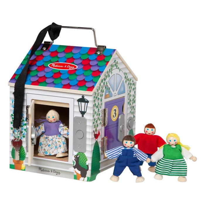 Melissa & Doug Wooden Doorbell House, 4 Keys and 4 Dolls