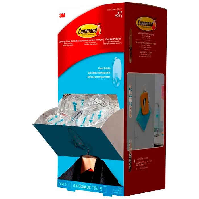 Command Designer Hook Trial Pack with Adhesive Strip, 1 Hook and 1 Strip, Medium Size, Plastic, Clear, Pack of 50