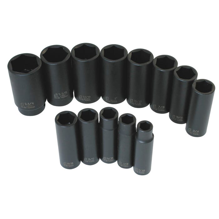 Sunex Intl 13-Piece 6-Point Deep Length Impact Socket Set - SAE, 1/2 in Drive, Alloy Steel, Set of 13
