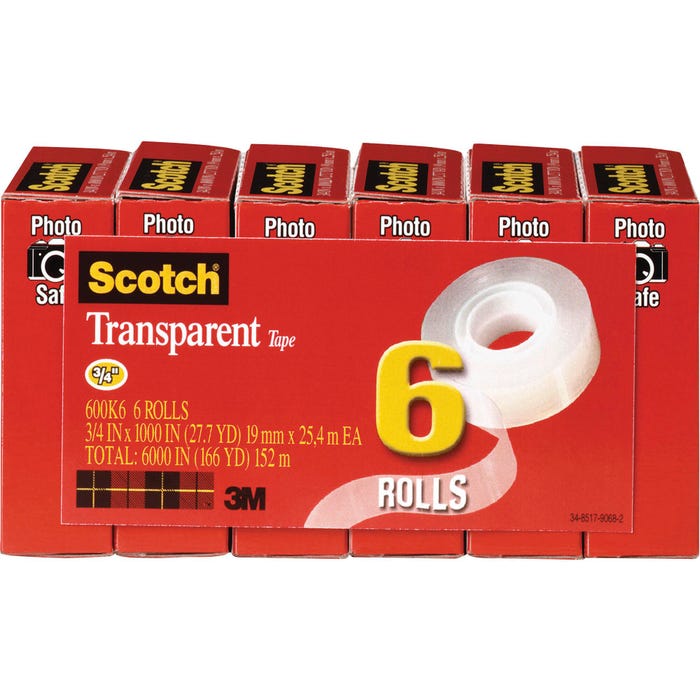 Scotch Photo-Safe Self-Adhesive Office Tape, 3/4 x 1000 in, Glossy Transparent, Pack of 6