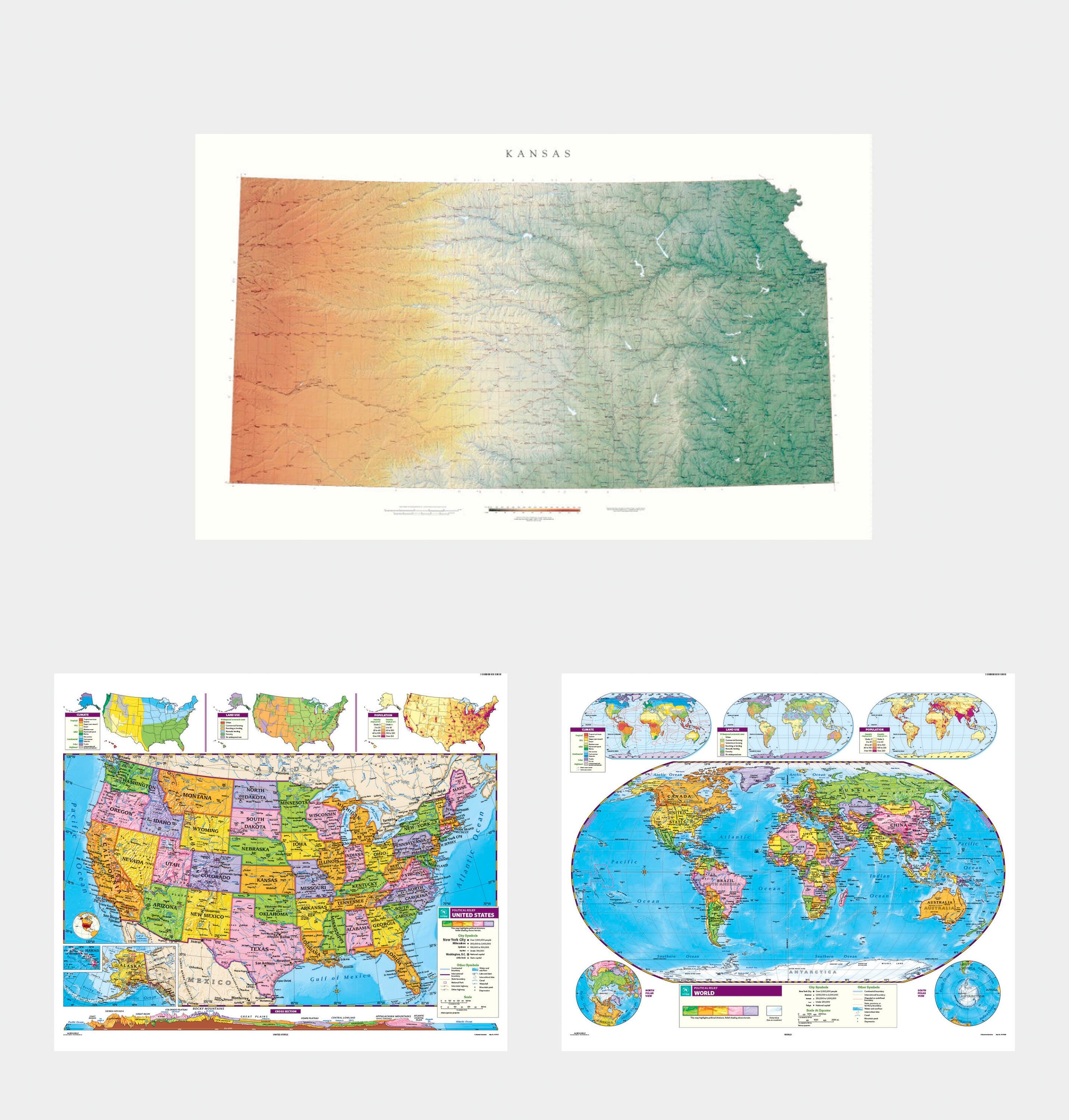 Social Studies KANSAS/U.S./WORLD MAP COMBO, Markable, Erasable, Grades 4-12, Item Number 1566304