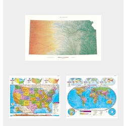Social Studies KANSAS/U.S./WORLD MAP COMBO, Markable, Erasable, Grades 4-12, Item Number 1566304