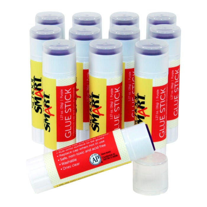 School Smart Glue Sticks, 1.27 Ounces, Purple and Dries Clear, Pack of 12
